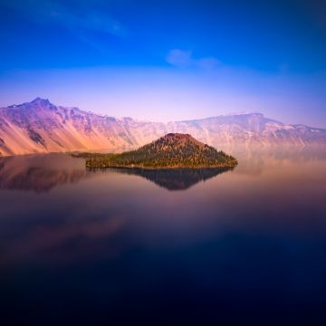 Crater Lake, 5K, Oregon, United States, Island, Body of Water, Dawn, Sunset, Blue Sky, Mountain range, Landscape, Scenery, Reflection