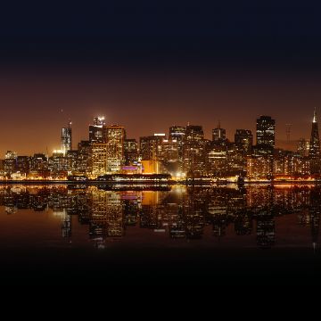 San Francisco City, Skyline, United States, Night time, Cityscape, City lights, Body of Water, Reflection, Skyscrapers