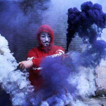 Man in Mask, Red Hoodie, Smoke can, Anonymous, Smoke Backgrounds, Purple, 5K