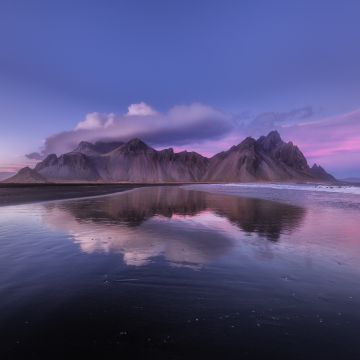 Vestrahorn mountain, Iceland, Sunset, Cloudy Sky, Body of Water, Reflection, Scenery, Landscape, 5K, Stokksnes