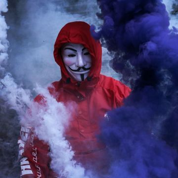 Man in Mask, Smoke Backgrounds, Purple Smoke, Red Jacket, Smoke Grenade, Anonymous, 5K