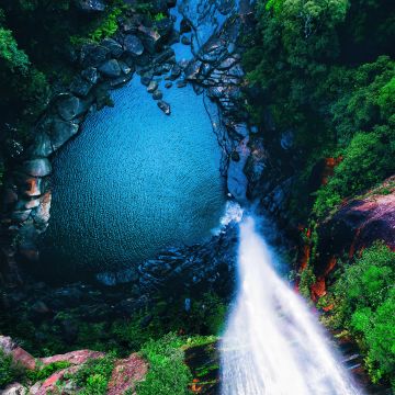 Waterfall, Aerial view, Forest, 5K