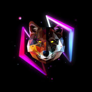 Wolf, Wild, Low poly, Artwork, AMOLED, Black background, Neon, Multicolor