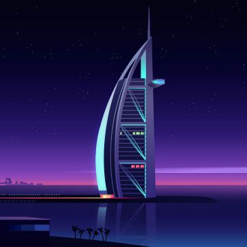 Burj Al Arab, Illustration, Luxury Hotel, Night, Cityscape, Dubai