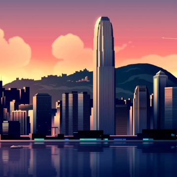 Hong Kong, Illustration, Cityscape, Sunset, Buildings, Skyscrapers