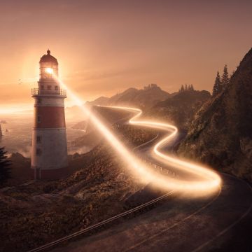 Lighthouse, Road, Coastline, Sunset, Light, Surreal