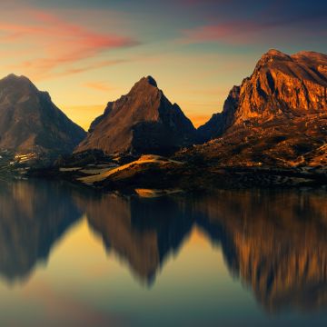 Mountains, River, Reflection, Aesthetic, Evening, Dusk, 5K