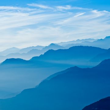 Mountains, Blue Sky, Mountain range, Fog, Peak