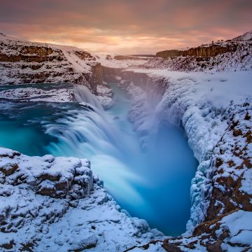Waterfall, Winter, River, Iceland, Long exposure, 5K