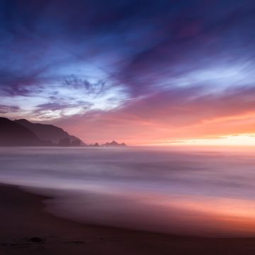 Beach, Horizon, Sunset, Cloudy Sky, Long exposure, Ocean, Shore, Seascape, 5K