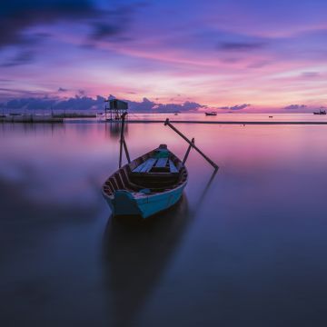 Phu Quoc Island, Sunrise, Vietnam, Purple sky, Scenery, Wooden boat, Dawn, Horizon, Landscape, Wide Angle, Body of Water, Reflection