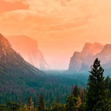 Yosemite Valley, Summer, Green Trees, Orange sky, Cliffs, Mountains, Foggy, Sunset