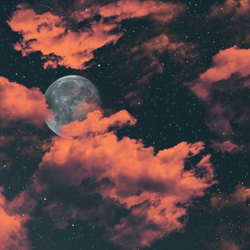 Full moon, Dark background, Cloudy Sky, Stars, Digital Art, 5K, 8K