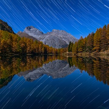 Lai da Palpuogna, Switzerland, Mirror Lake, Star Trails, Autumn trees, Albula Pass, Landscape, Long exposure, Night sky, Reflection, Mountain View