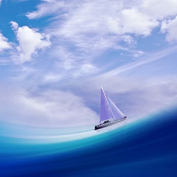 Sailing ship, Illusion, Sea, Cloudy Sky, Blue Ocean, Surreal, 5K
