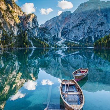 Wooden boat, Mirror Lake, Reflection, Mountain View, Pond, Landscape, Scenery