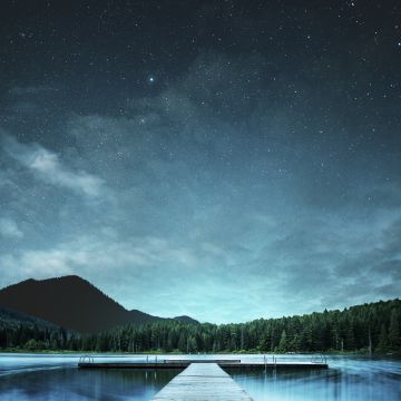 Jetty, Lake, Night sky, Landscape, 5K, 8K