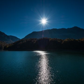 Sunny day, Daytime, Landscape, Sun rays, River, Mountains, 5K, 8K