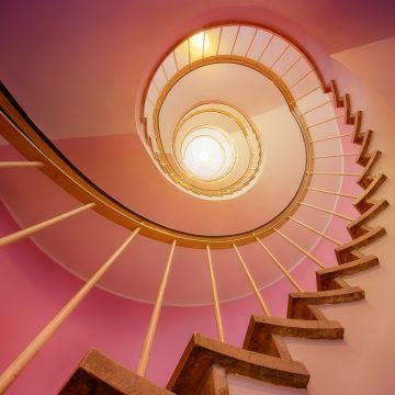 Spiral stairs, Pink, Staircase, Ambient lighting, 5K