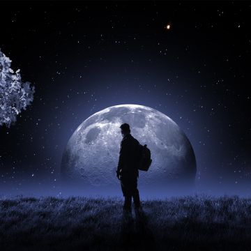 Moon, Surreal, Night sky, Stars, Moon light, Tree, Man