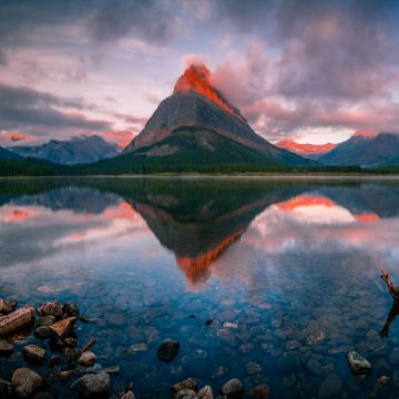 Swiftcurrent Lake, Sunrise, Reflection, Cloudy, Early Morning, American National Park, Montana, United States, USA, 5K