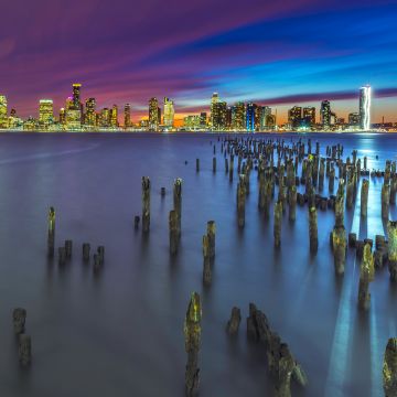 New York City, Metropolitan, Skyline, Cityscape, Night, City lights, Long exposure, Pier, 5K