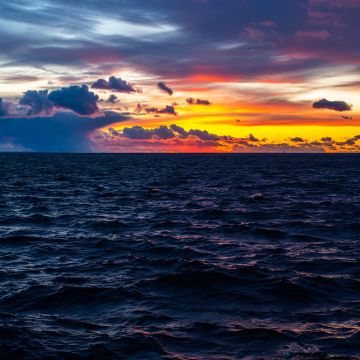 Sunset, Ocean view, Cloudy Sky, Dusk, Horizon, 5K, Seascape