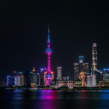 Shanghai City, Skyline, Night time, Cityscape, City lights, Body of Water, Reflection, Dark Sky, Skyscrapers, 5K
