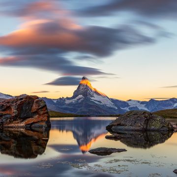 Matterhorn, Lake, Switzerland, Stellisee, Sunrise, Alpenglow, Reflection, Landscape, Scenery, Rocks, Lenticular clouds, Golden hour, 5K
