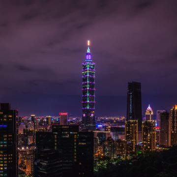 Taipei 101, City Skyline, Skyscraper, Cityscape, Night time, City lights, 5K