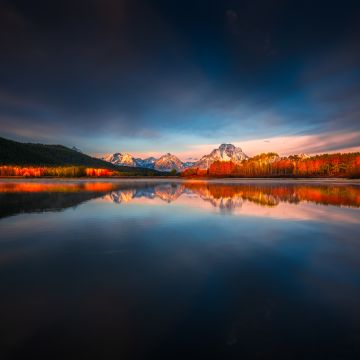 Mount Moran, Grand Teton National Park, Wyoming, Sunrise, Reflection, Mountain Peak, Body of Water, Alpenglow, Landscape, Scenery, 5K, 8K