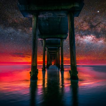 Scripps Pier, La Jolla, United States, Milky Way, Starry sky, Underneath, Body of Water, Reflection, Tourist attraction, Landscape, Scenic, 5K, 8K