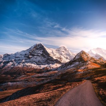 Glacier mountains, Snow covered, Sunset, Roadway, Mountain Peaks, Clear sky, Landscape, Scenery, 5K