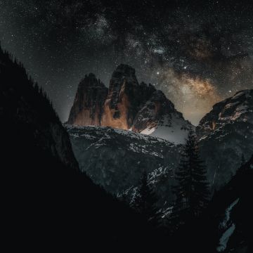 Three peaks of Lavaredo, Dolomites, Italy, Tourist attraction, Milky Way, Starry sky, Mountain Peaks, Snow covered, Night time, Outer space, 5K
