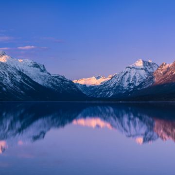 McDonald Lake, Glacier National Park, Snow covered, Mountain range, Reflection, Landscape, Scenery, Body of Water, Panoramic, 5K