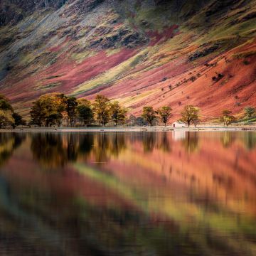 Buttermere Lake, England, Pine trees, Reflection, Panoramic, Long exposure, Mountains, Landscape, Scenery, 5K