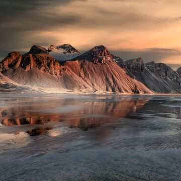 Vestrahorn, Sunrise, Snow covered, Mist, Iceland, Frozen, Winter, Mountain range, Landscape, Scenery, 5K, Stokksnes