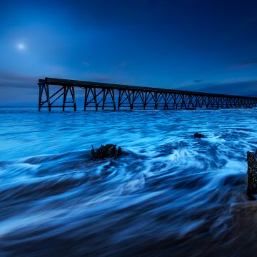 Wooden pier, Moonlight, Seascape, Long exposure, Scenic, Dusk, Night time, 5K