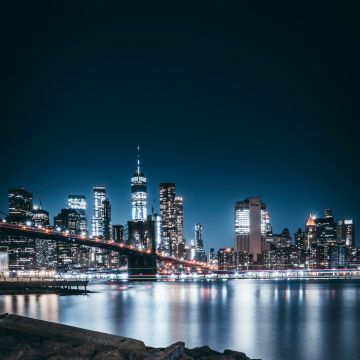 Brooklyn Bridge, City lights, Night, Cityscape, Reflections, Brooklyn, New York, USA