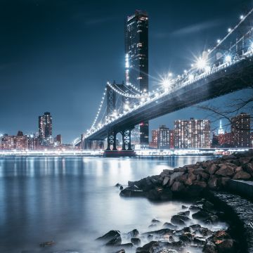 George Washington Bridge, Night, City lights, Rocks, Hudson River, New Jersey, USA