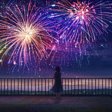 Anime girl, Fireworks, Colorful, Dream, Alone, Mood, Aesthetic