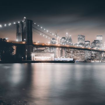 Brooklyn Bridge, Night, City lights, Cityscape, Reflections, Hudson River, Brooklyn, New York, USA