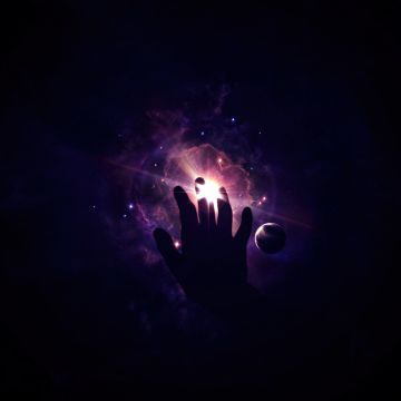 Hand, Looking up at Sky, Galaxy, Nebula, Planets, Purple background, Dark background, Stars, Night