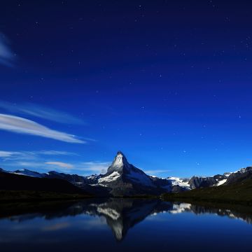 Matterhorn, Alps mountains, Night, Dark, Silhouette, Panorama, Blue Sky, Stellisee Lake, Reflection, Midnight, Scenery, Aesthetic