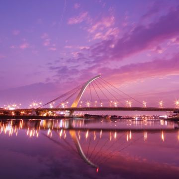 Dazhi Bridge, Taipei, Modern architecture, Sunset, Urban, Night lights, Purple sky, Pink, Taiwan, Reflection