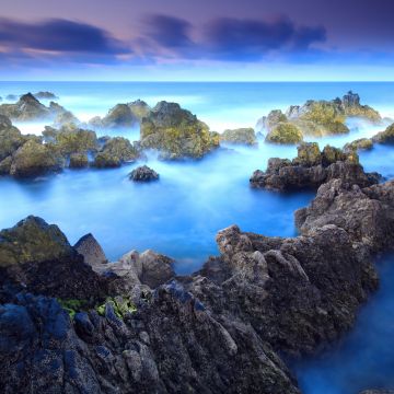 Rocky shore, Porto Moniz, Aesthetic, Fog, Long exposure, Blue, Rocks, Portugal, Landscape, Seascape