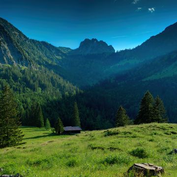 Bavarian Alps, Mountains, Sunny day, Landscape, Countryside, House, Blue Sky, Scenery, Germany, Summer