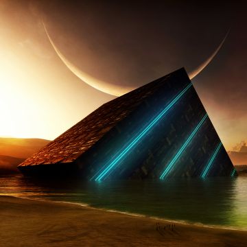 Cube, Beach, Surreal, Sunset, Moon, Futuristic, Digital render, 3D
