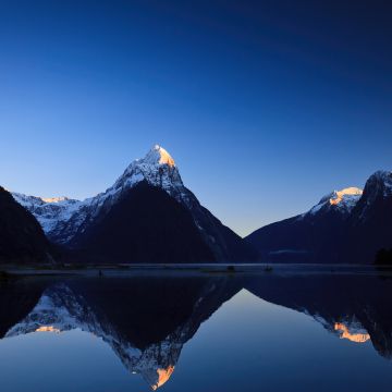 Morning, Sunrise, Blue Sky, Mountains, Reflections, Milford Sound, New Zealand, Body of Water, Lake