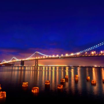 San Francisco-Oakland Bay Bridge, Night, Reflections, Blue hour, Cold, Lights, Bay Bridge, California